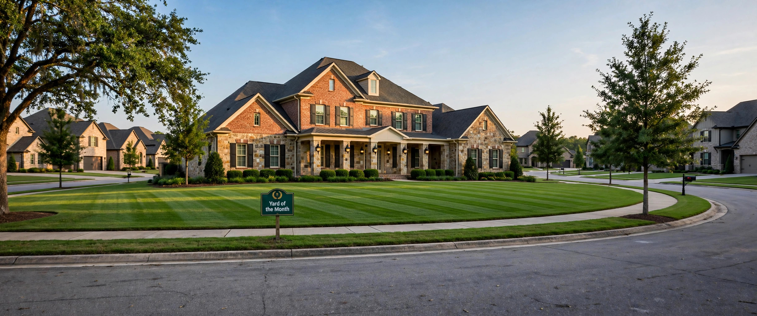 A brick-and-stone home on a corner lot in a master-planned community, its pristine striped Bermuda lawn wearing a Yard of the Month sign, neighbors along a curving street — the prize